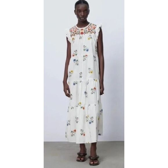 Zara White Tiered Embroidered Foral Midi Dress Sz. XS - Picture 1 of 7